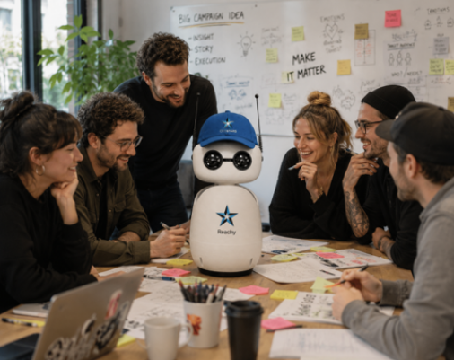 Reachy the Robot sitting in on a team brainstorming session